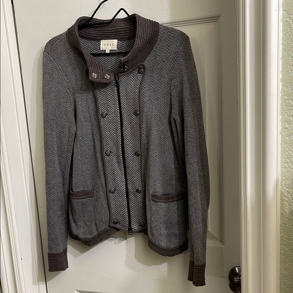 Gray Herringbone Jacket with Brown Accents